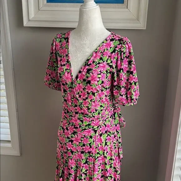 Lilly Pulitzer Kessler Lil Lilly Onyx Pink Green Floral Ruffle Wrap Dress XS - Picture 3 of 11